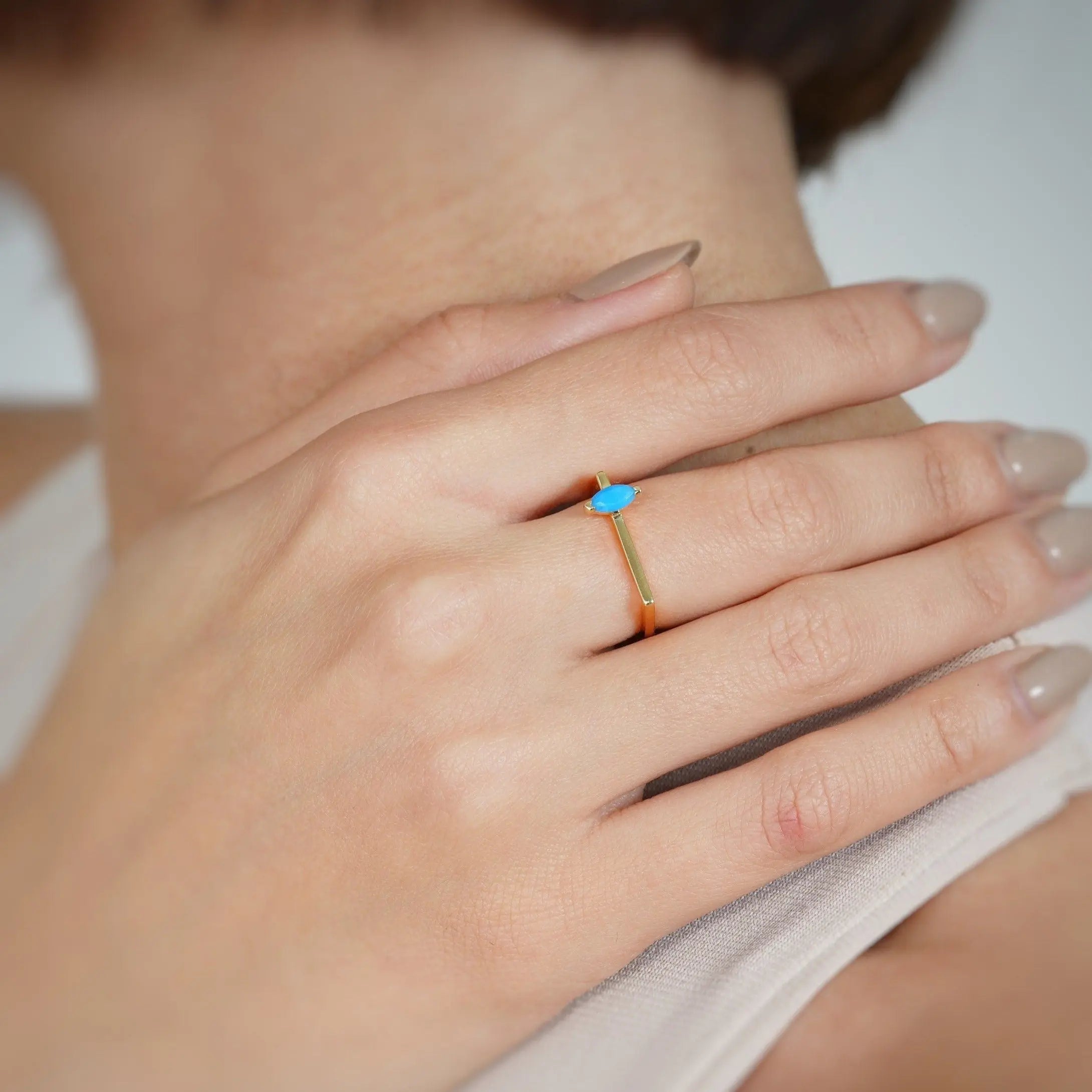 Dainty Turquoise Ring , Solid Gold Ring , Yellow Gold Ring , Minimaslist Gold Ring , Index Finger Ring