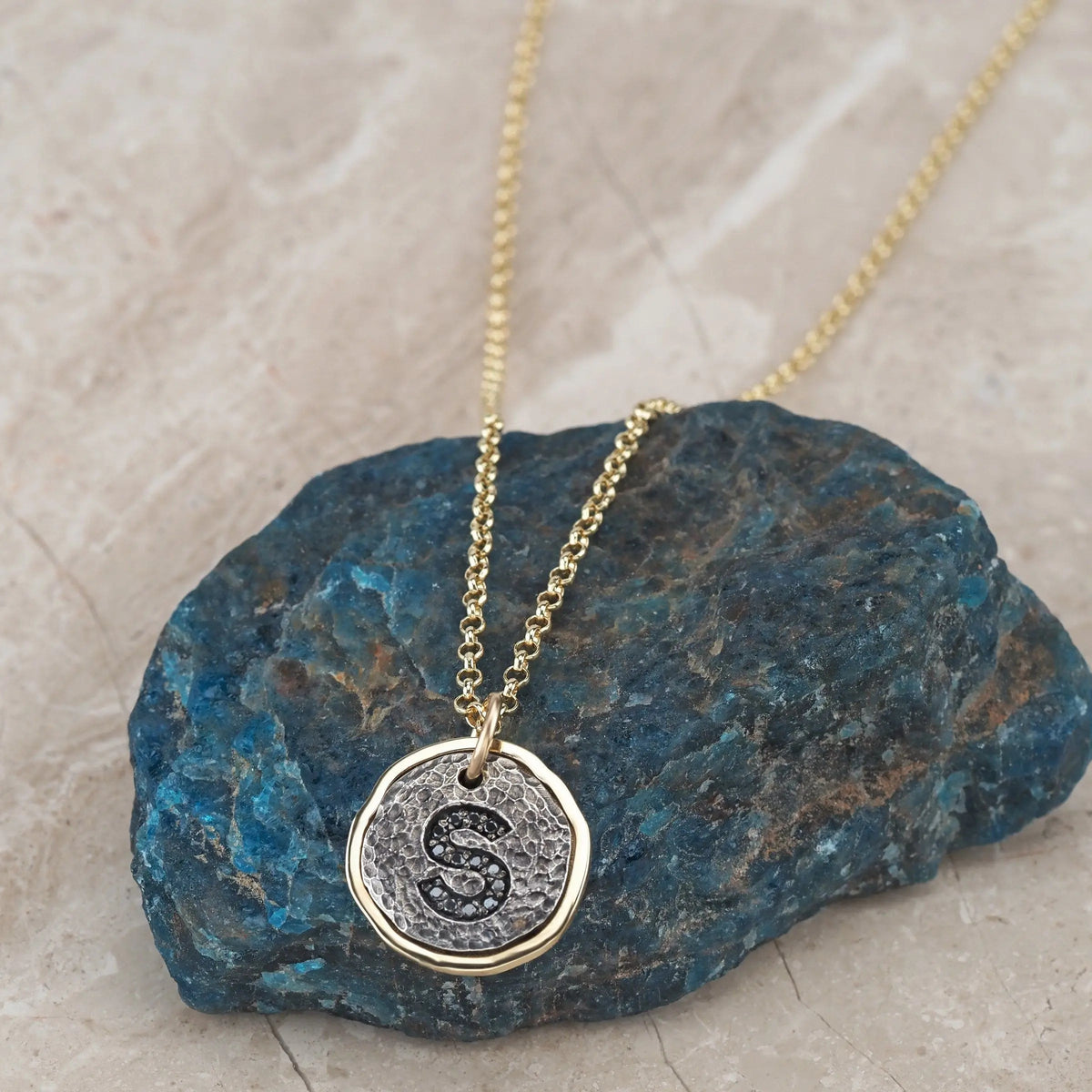 Gemstone Bezel Pendant, Diamond Letter S, Unisex Orizzo fine jewelry