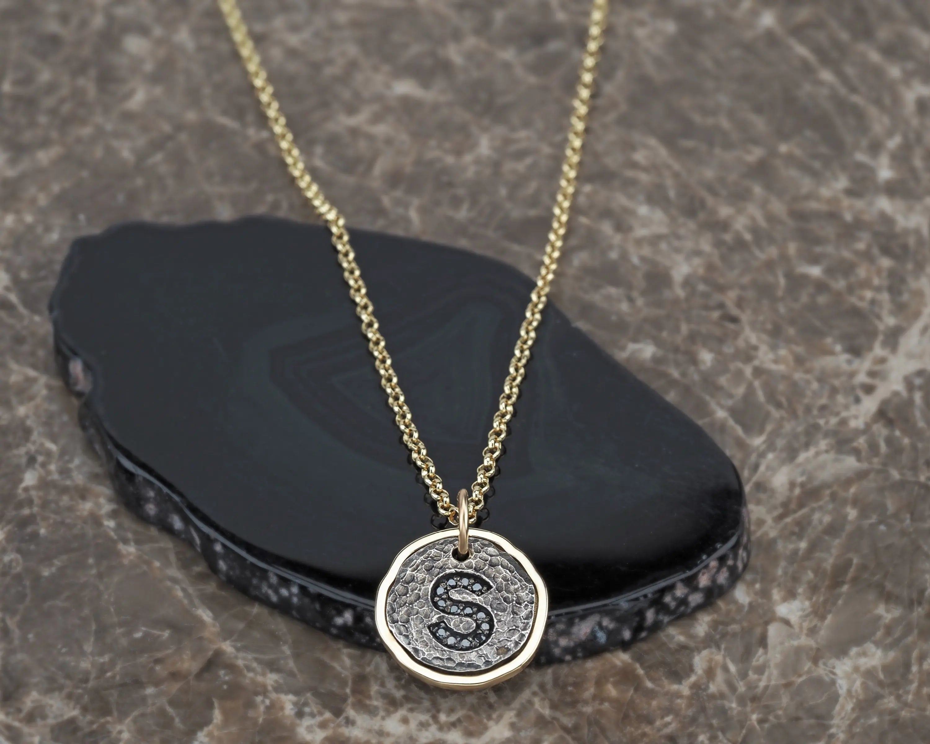 Gemstone Bezel Pendant, Diamond Letter S, Unisex Orizzo fine jewelry