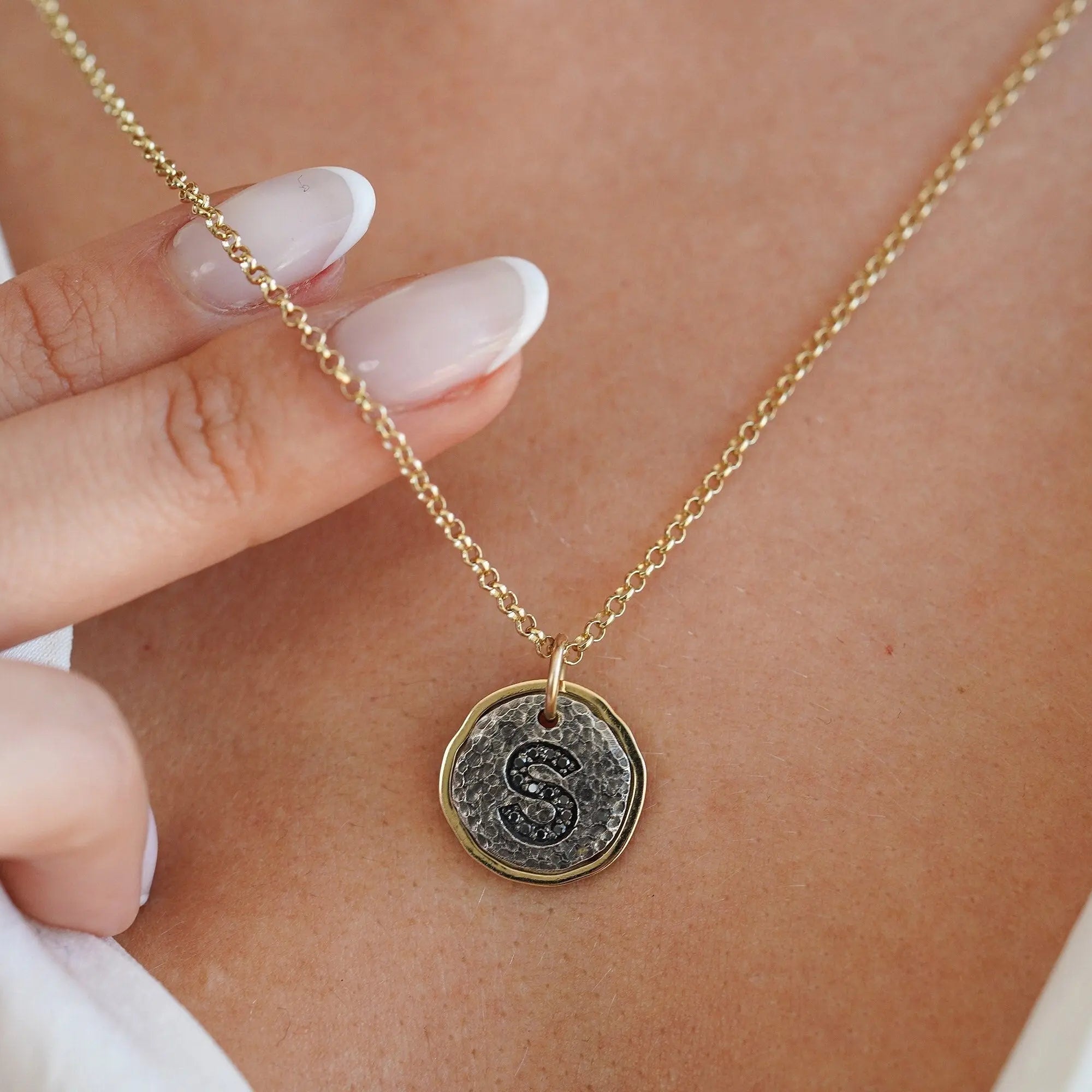 Gemstone Bezel Pendant, Diamond Letter S, Unisex Orizzo fine jewelry
