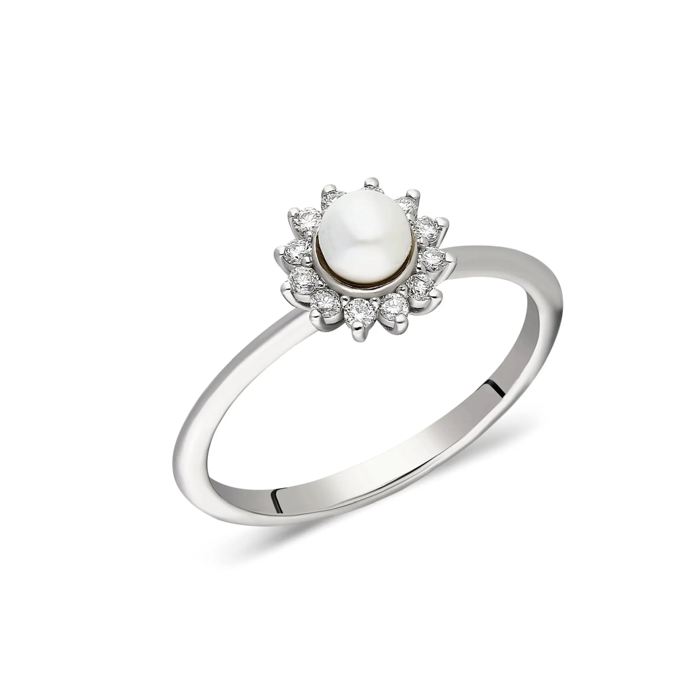 Pearl and Diamond Floral Engagement Ring in 14K Gold Orizzo fine jewelry